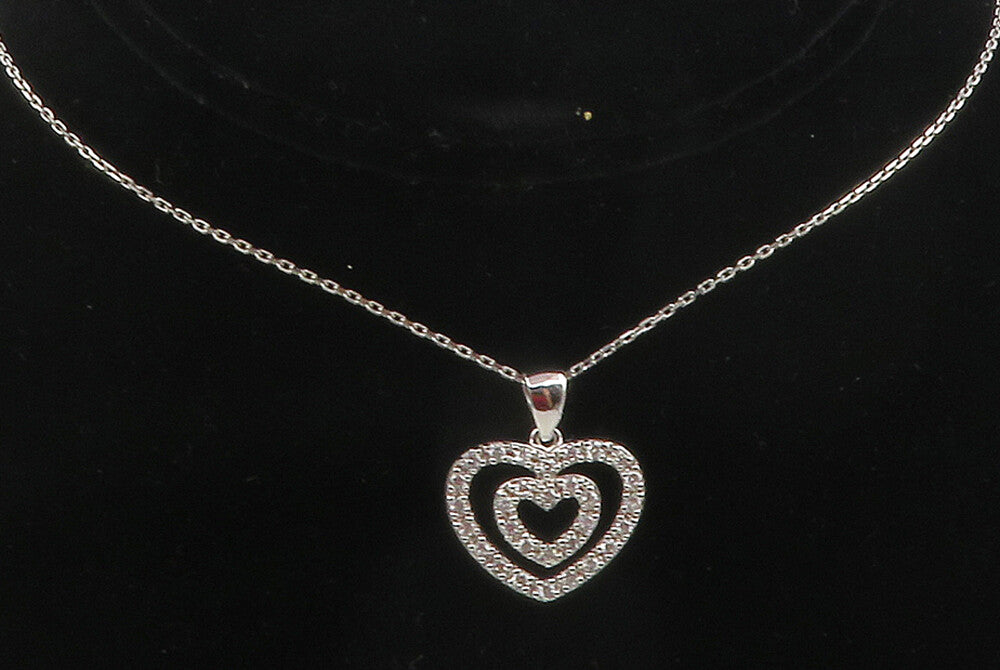 925 Sterling Silver  Shiny Topaz Open Double Love Heart Chain Necklace  NE2041