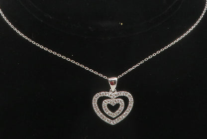 925 Sterling Silver  Shiny Topaz Open Double Love Heart Chain Necklace  NE2041
