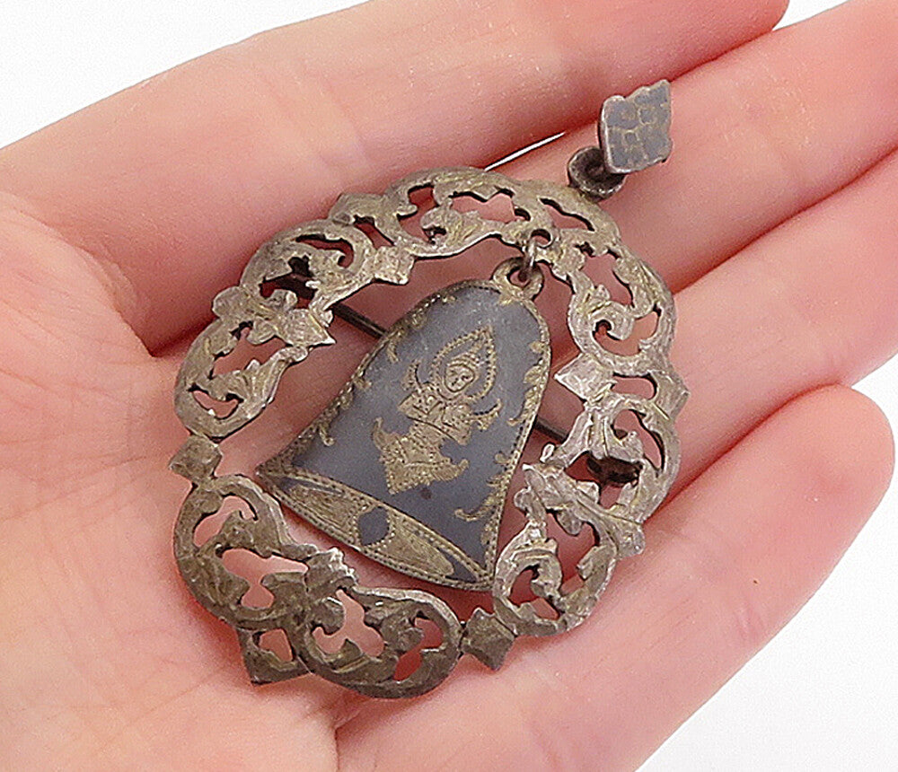 SIAM 925 Silver  Vintage Antique Niello Dangling Bell Brooch Pin  BP2169