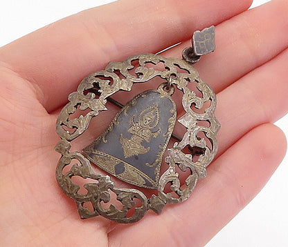 SIAM 925 Silver  Vintage Antique Niello Dangling Bell Brooch Pin  BP2169