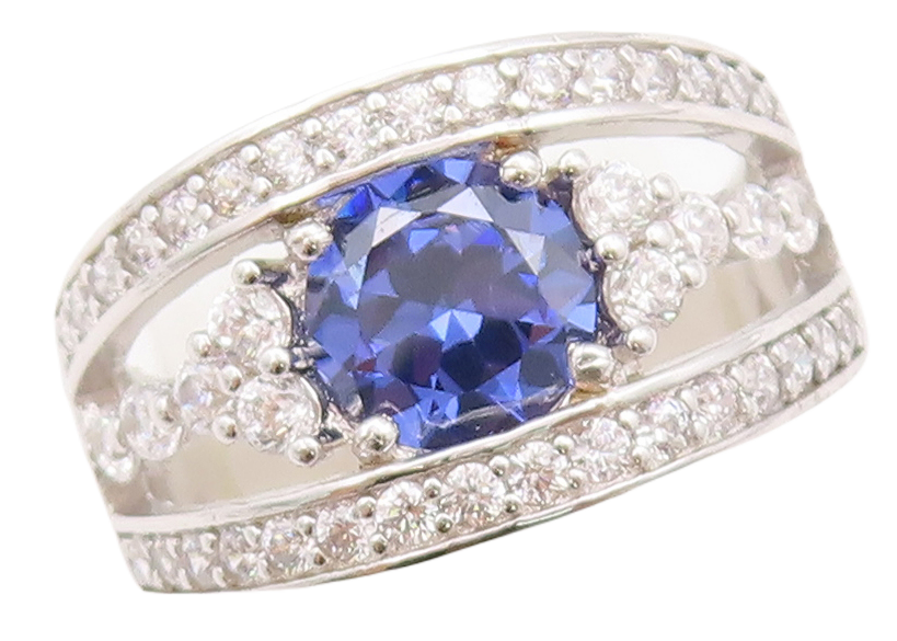 925 Sterling Silver Vintage Ring Designer Cut Sapphire CZ Inlay  Sz 7.5  RG29569