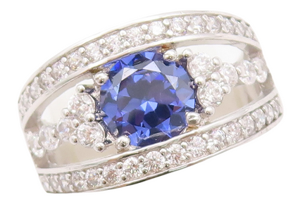 925 Sterling Silver Vintage Ring Designer Cut Sapphire CZ Inlay  Sz 7.5  RG29569