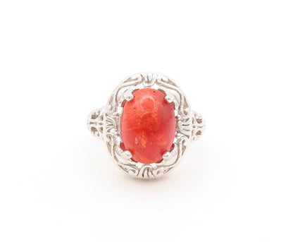 925 Sterling Silver Vintage Ring Swirly Carved Cabochon Gemstone Sz 9  RG31025