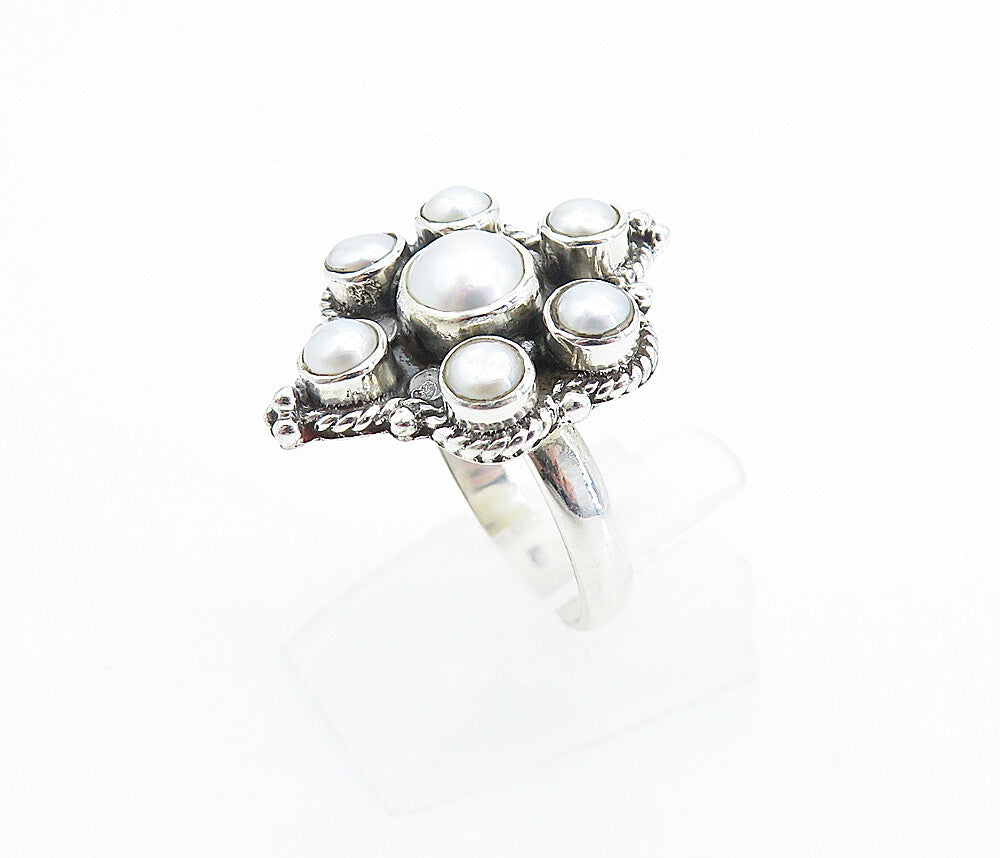 925 Sterling Silver  Freshwater Pearls Floral Cocktail Ring Sz 6.5  RG7827