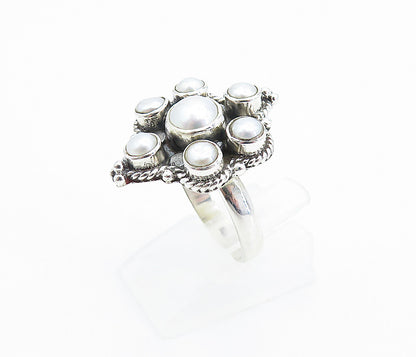 925 Sterling Silver  Freshwater Pearls Floral Cocktail Ring Sz 6.5  RG7827
