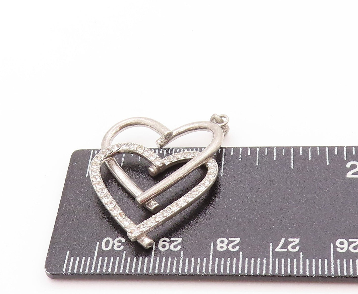 925 Sterling Silver Vintage Pendant Modernist CZ Inlay Double Hearts  PT24171