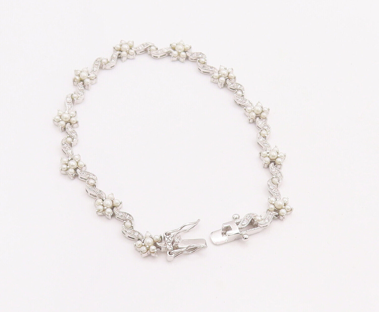 925 Sterling Silver Vintage Bracelet Cutout Pearls & CZ Inlay Flowers  BT10634