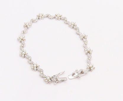 925 Sterling Silver Vintage Bracelet Cutout Pearls & CZ Inlay Flowers  BT10634
