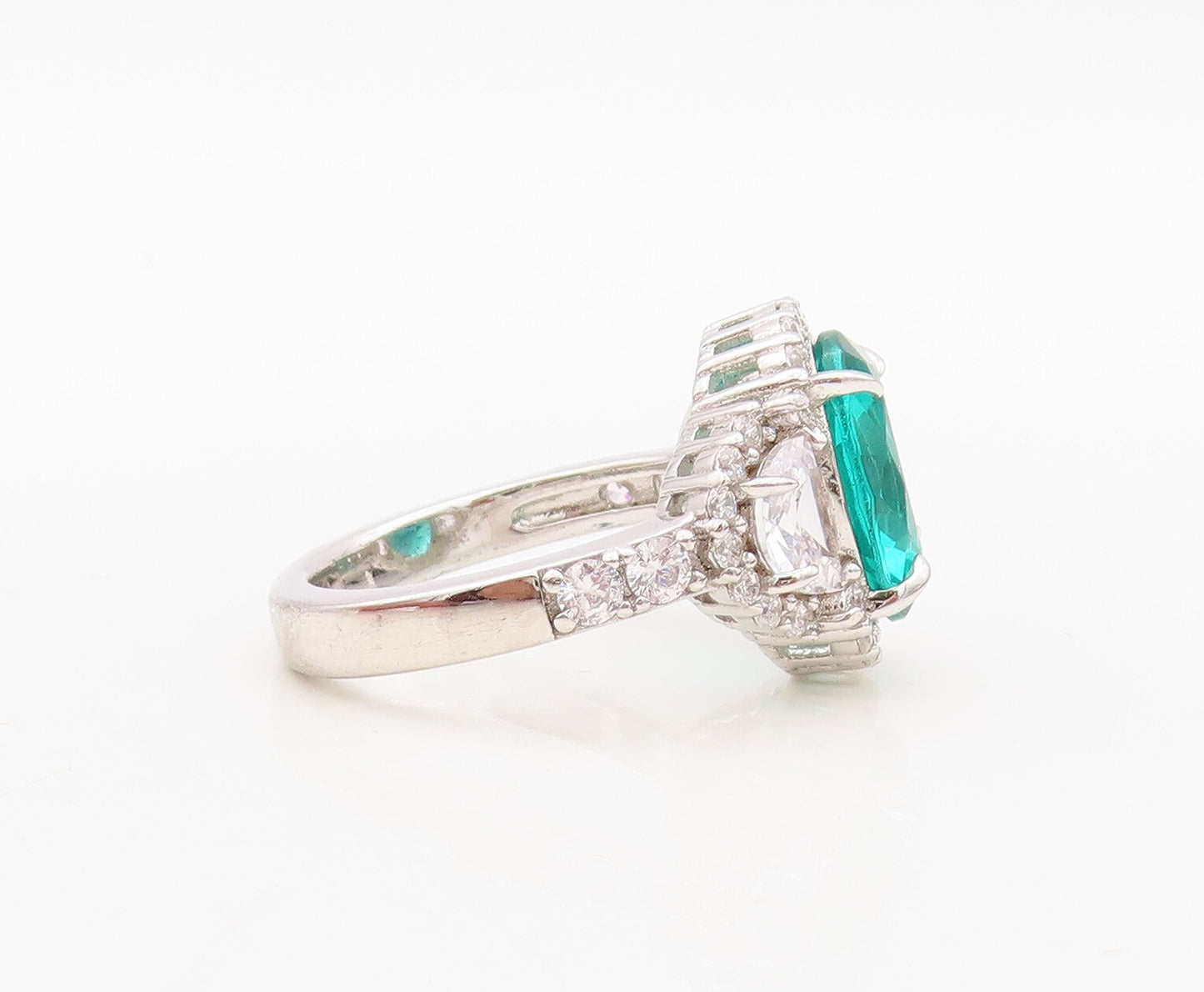 925 Sterling Silver Vintage Ring Oval Sea Green White & CZ Inlay  Sz 7  RG30369