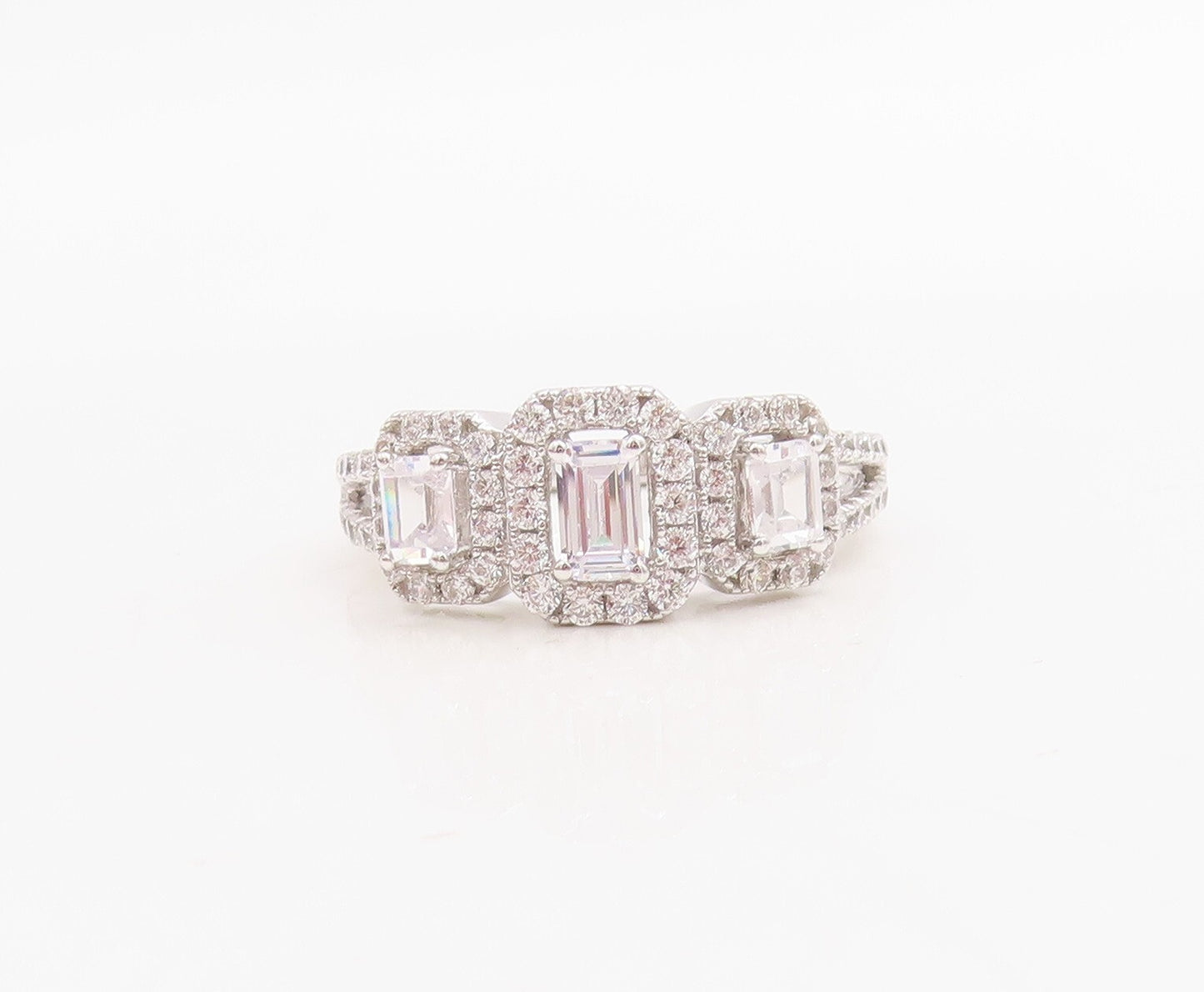 925 Sterling Silver Vintage Ring Rectangle Cut Halo CZ Band  Sz 7  RG30738