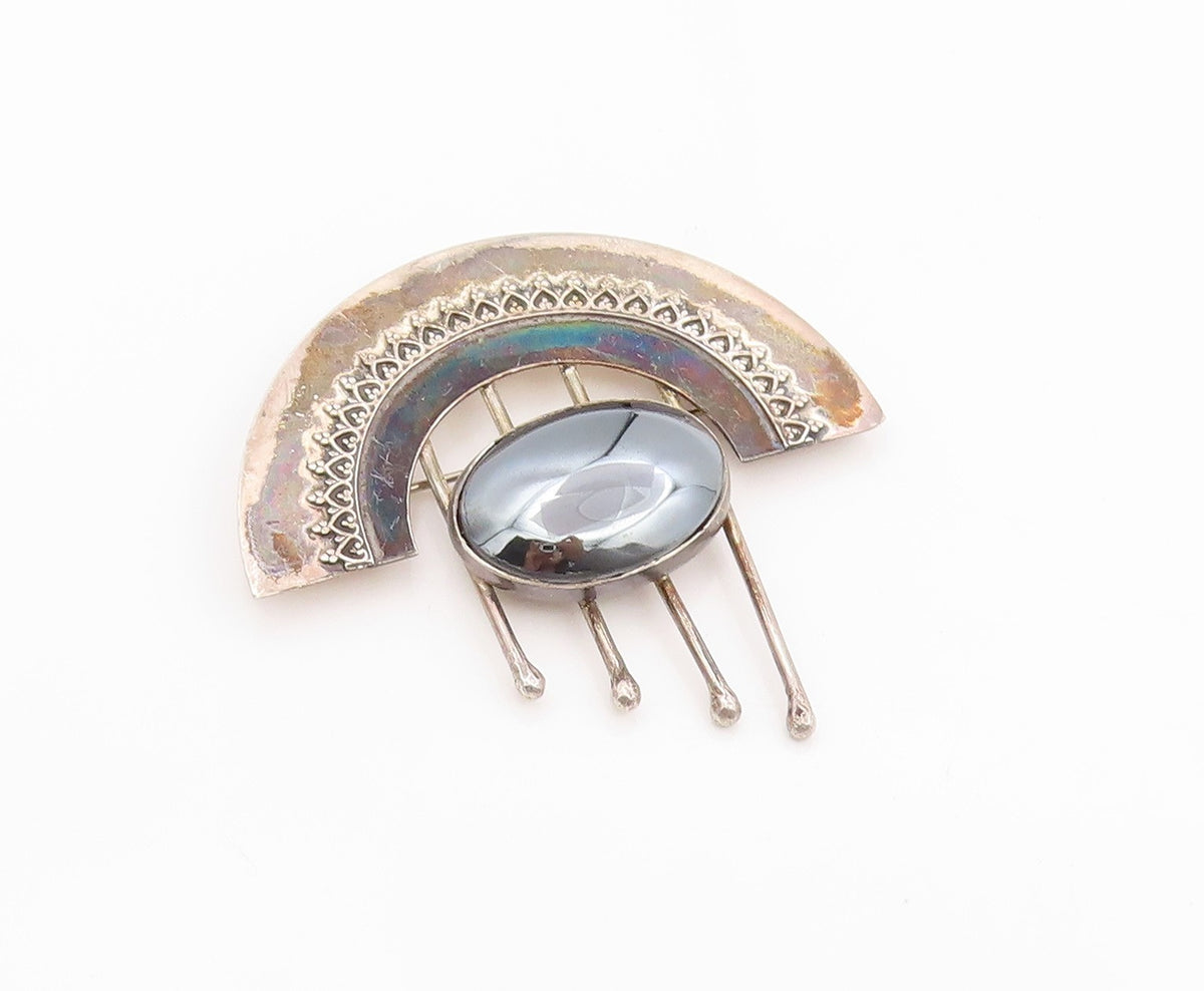 925 Sterling Silver Vintage Brooch Pin Oval Hematite Celestial Design  BP12531