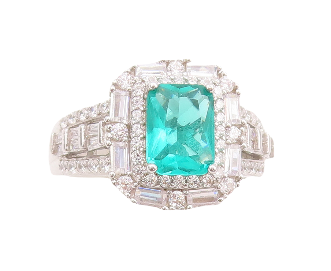 925 Sterling Silver Vintage Ring Rectangle Sea Green Halo White CZ Sz 7  RG29660