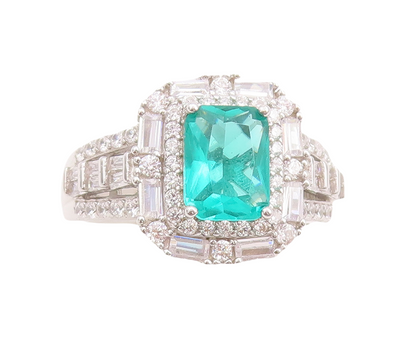 925 Sterling Silver Vintage Ring Rectangle Sea Green Halo White CZ Sz 7  RG29660