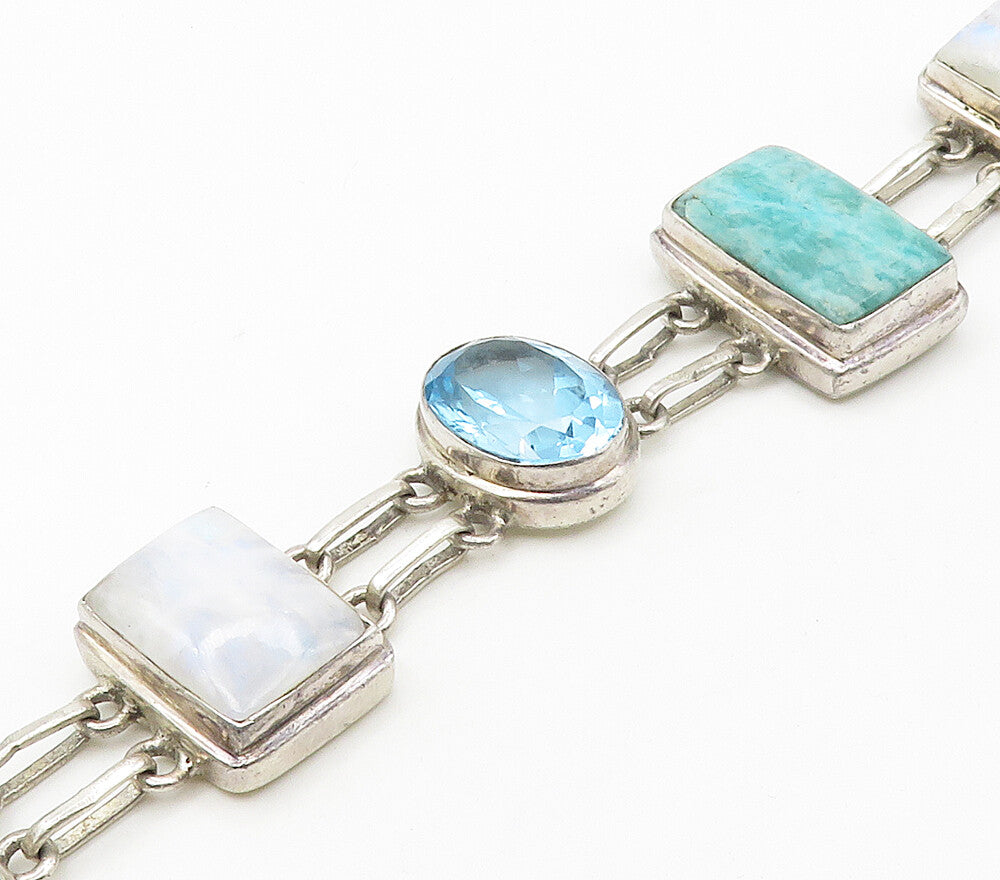 925 Sterling Silver  Shiny Turquoise Topaz & Moonstone Chain Bracelet  BT6487