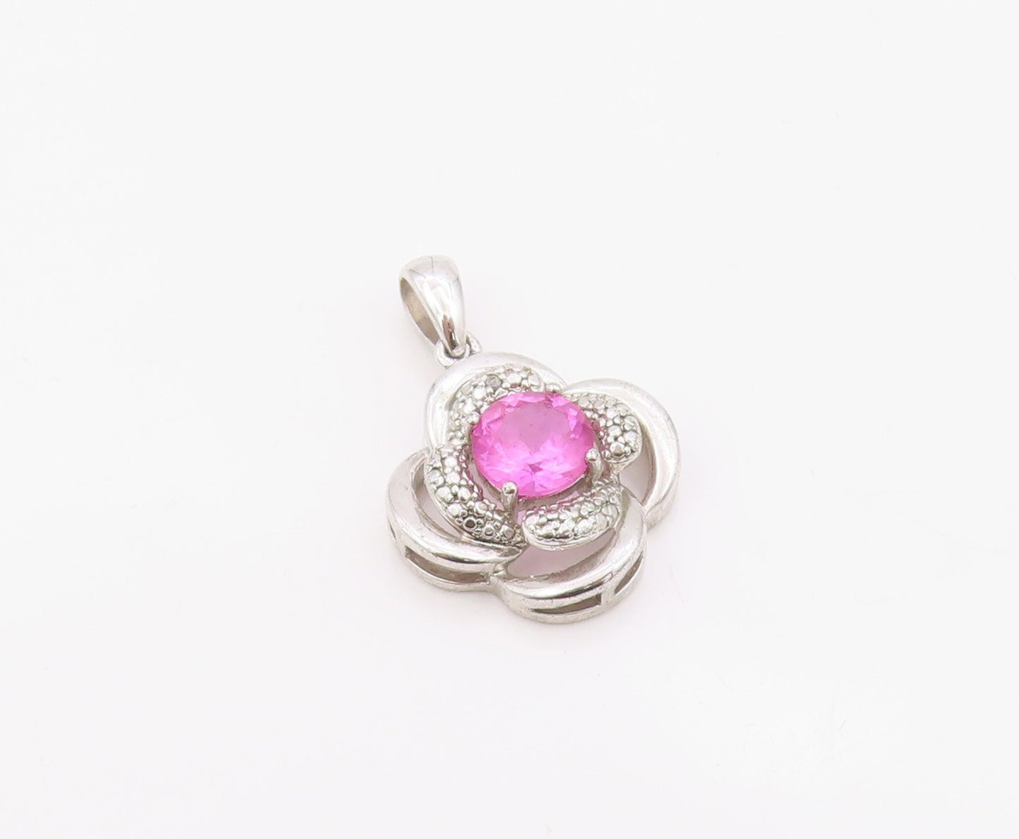 925 Sterling Silver Vintage Pendant Modernist Pink Topaz Floral Charm  PT26328