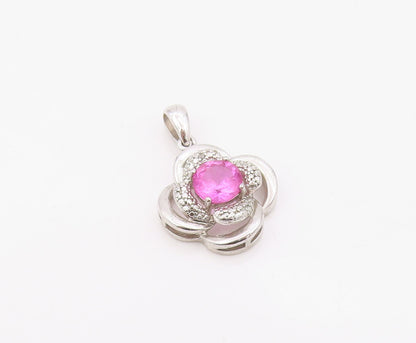 925 Sterling Silver Vintage Pendant Modernist Pink Topaz Floral Charm  PT26328