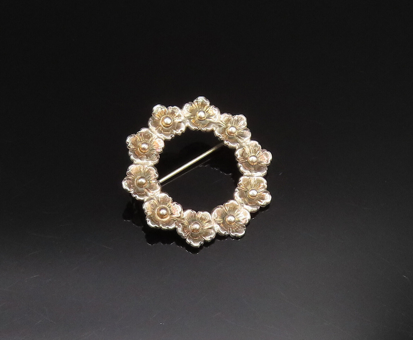 FROM DENMARK 925 Sterling Silver Vintage Fancy Flower Wreath Brooch Pin BP9805