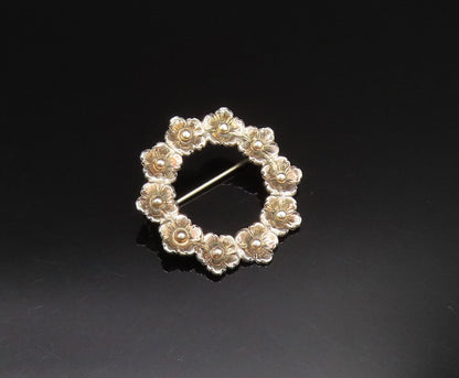 FROM DENMARK 925 Sterling Silver Vintage Fancy Flower Wreath Brooch Pin BP9805