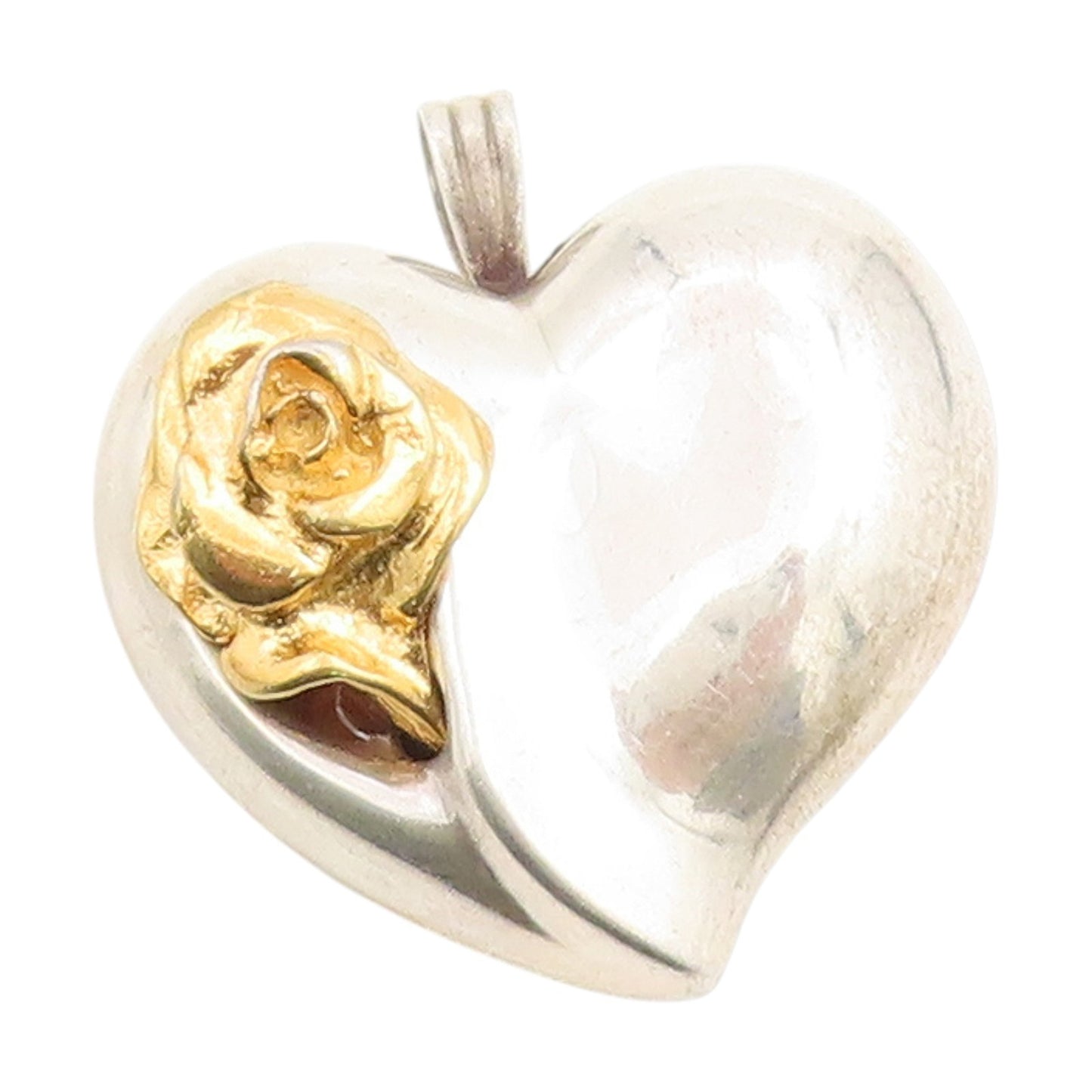 925 Sterling Silver Vintage Pendant GORHAM Two Tone Love Heart & Rose  PT25252