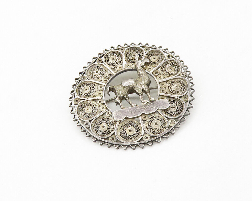 925 Sterling Silver  Vintage Antique Filigree Alpaca Animal Brooch Pin  BP6793