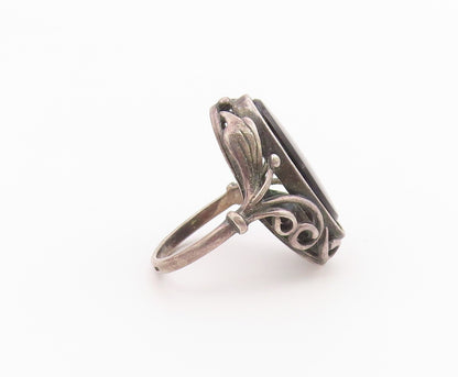 925 Sterling Silver Vintage Ring Oval Black Onyx Openwork Band  Sz 7  RG36447