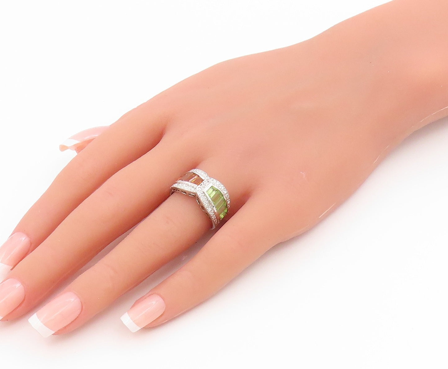 925 Sterling Silver Vintage Ring Citrine & Peridot Statement Band  Sz 8  RG36045