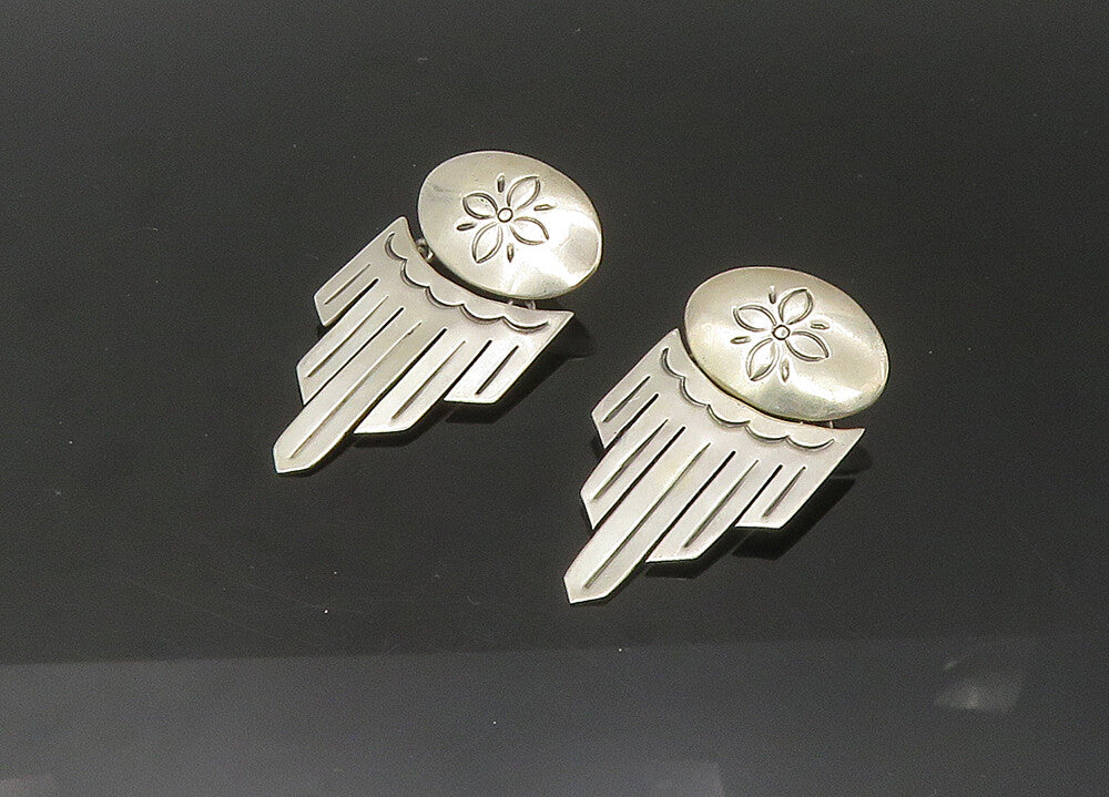 925 Sterling Silver  Vintage Shiny Etched Flower Motif Drop Earrings  EG10967
