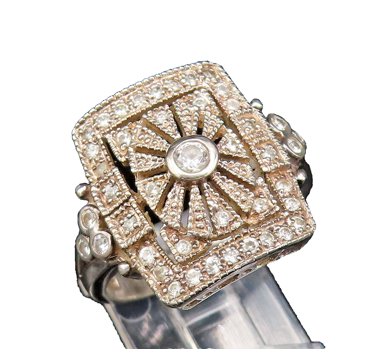 925 Silver  Vintage Openwork Square Frame Cubic Zirconia Ring Sz 9  RG25951