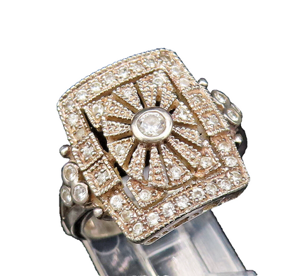 925 Silver  Vintage Openwork Square Frame Cubic Zirconia Ring Sz 9  RG25951