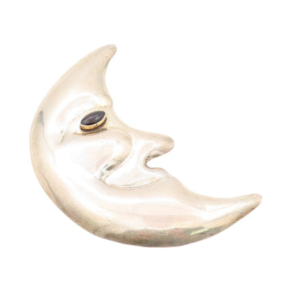 925 Sterling Silver Vintage Brooch Pin MEXICO Large Onyx Eyed Half Moon  BP11561