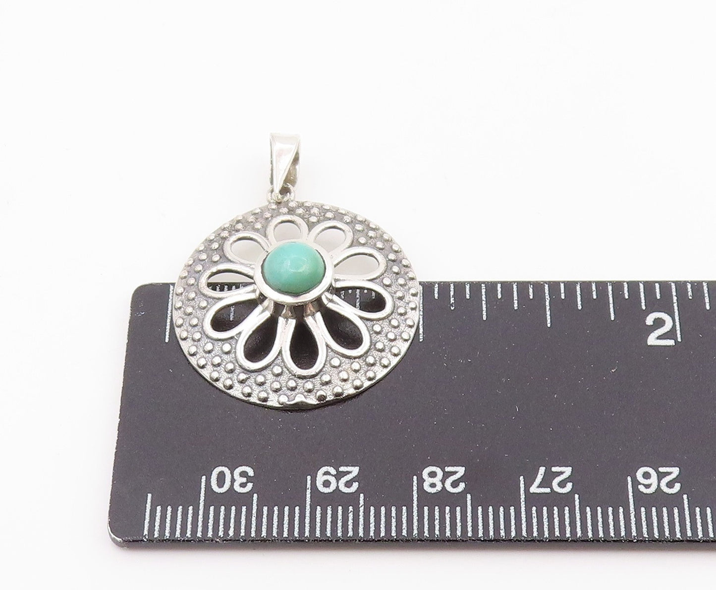 925 Sterling Silver Vintage Pendant Round Turquoise Floral Cutout Charm  PT25984