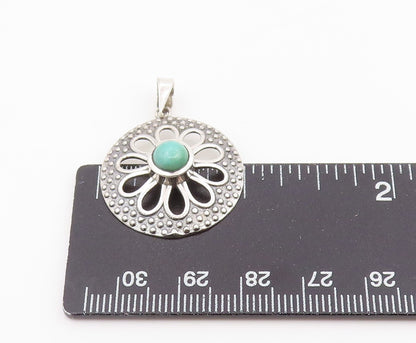 925 Sterling Silver Vintage Pendant Round Turquoise Floral Cutout Charm  PT25984