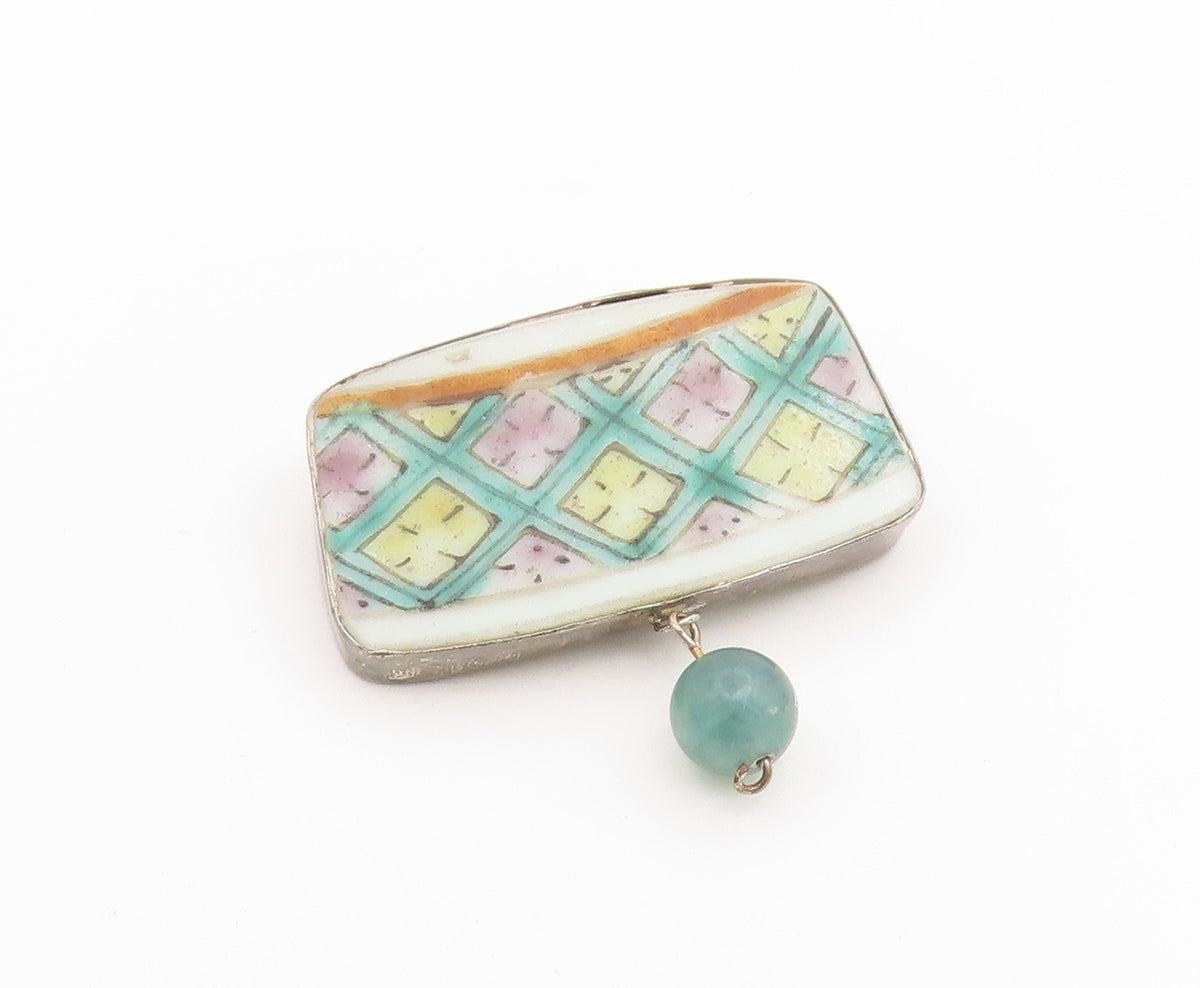 925 Sterling Silver Vintage Brooch Pin Antique Jade Porcelain Lattice  BP12651