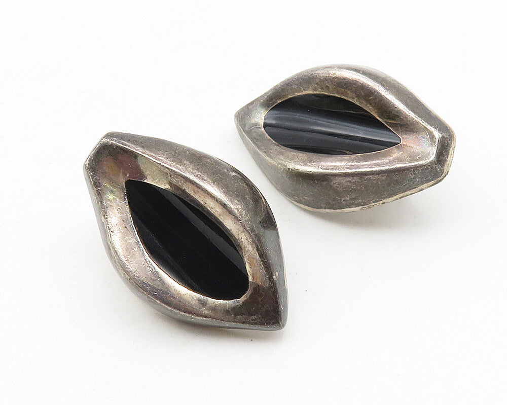 MEXICO 925 Sterling Silver Vintage Black Onyx Concave Drop Earrings  EG5740