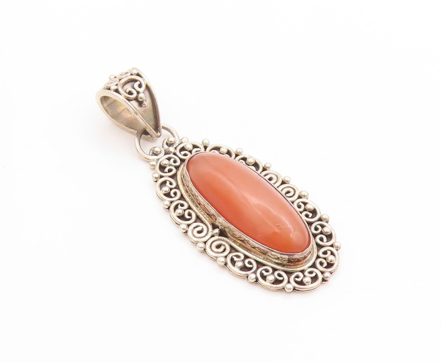 925 Sterling Silver Vintage Pendant BALI Carnelian Halo Swirly Cutouts  PT24196