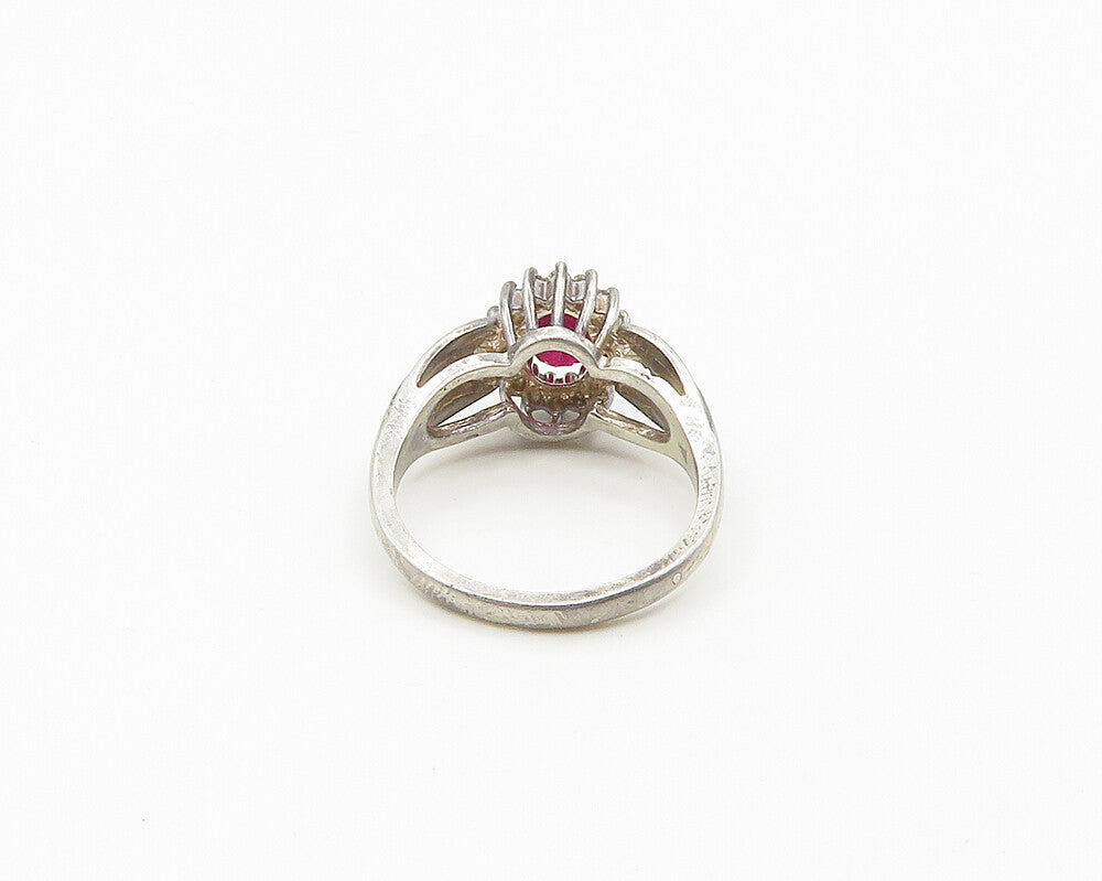 925 Sterling Silver  Vintage Ruby & Topaz Floral Shiny Band Ring Sz 6  RG18539