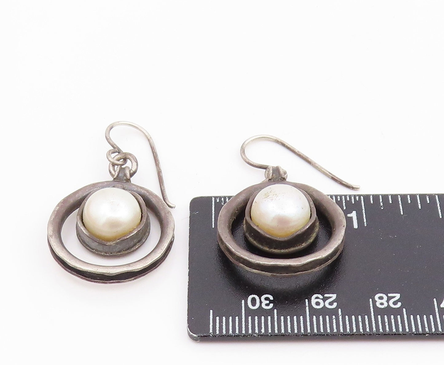 925 Sterling Silver Vintage Earrings ISRAEL Pearl Open Circle Dangle  EG14090