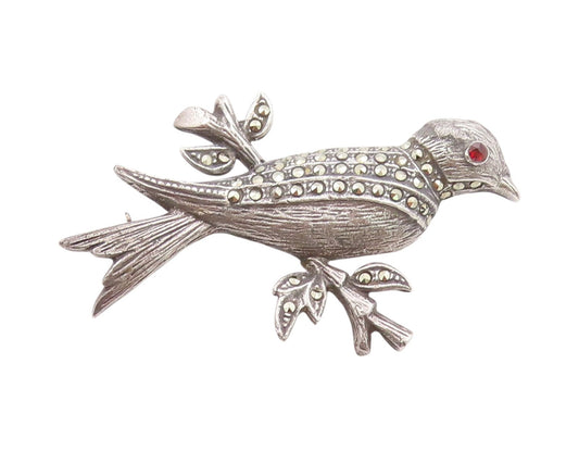925 Sterling Silver Vintage Brooch CZ Eyed Marcasite Bird On Branch  BP11726
