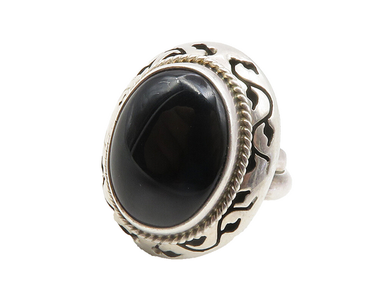 MEXICO 925 Silver  Vintage Black Onyx Floral Vine Cocktail Ring Sz 6.5 RG12171