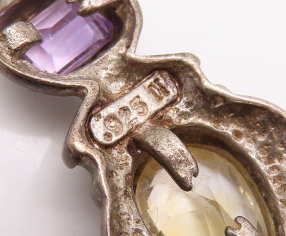 925 Sterling Silver Vintage Pendant Dark Tone Carved Amethyst & Citrine  PT23597