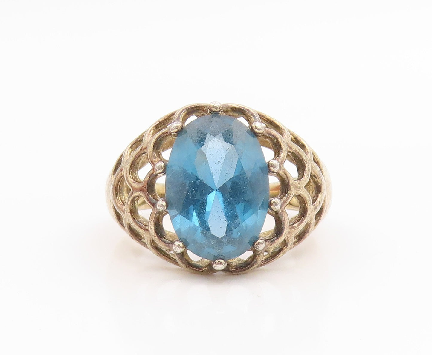 925 Sterling Silver Vintage Ring Gold Plated Blue Topaz Openwork  Sz 8  RG35694