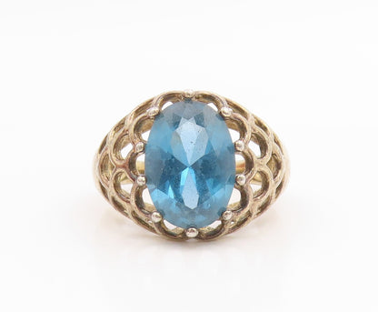 925 Sterling Silver Vintage Ring Gold Plated Blue Topaz Openwork  Sz 8  RG35694