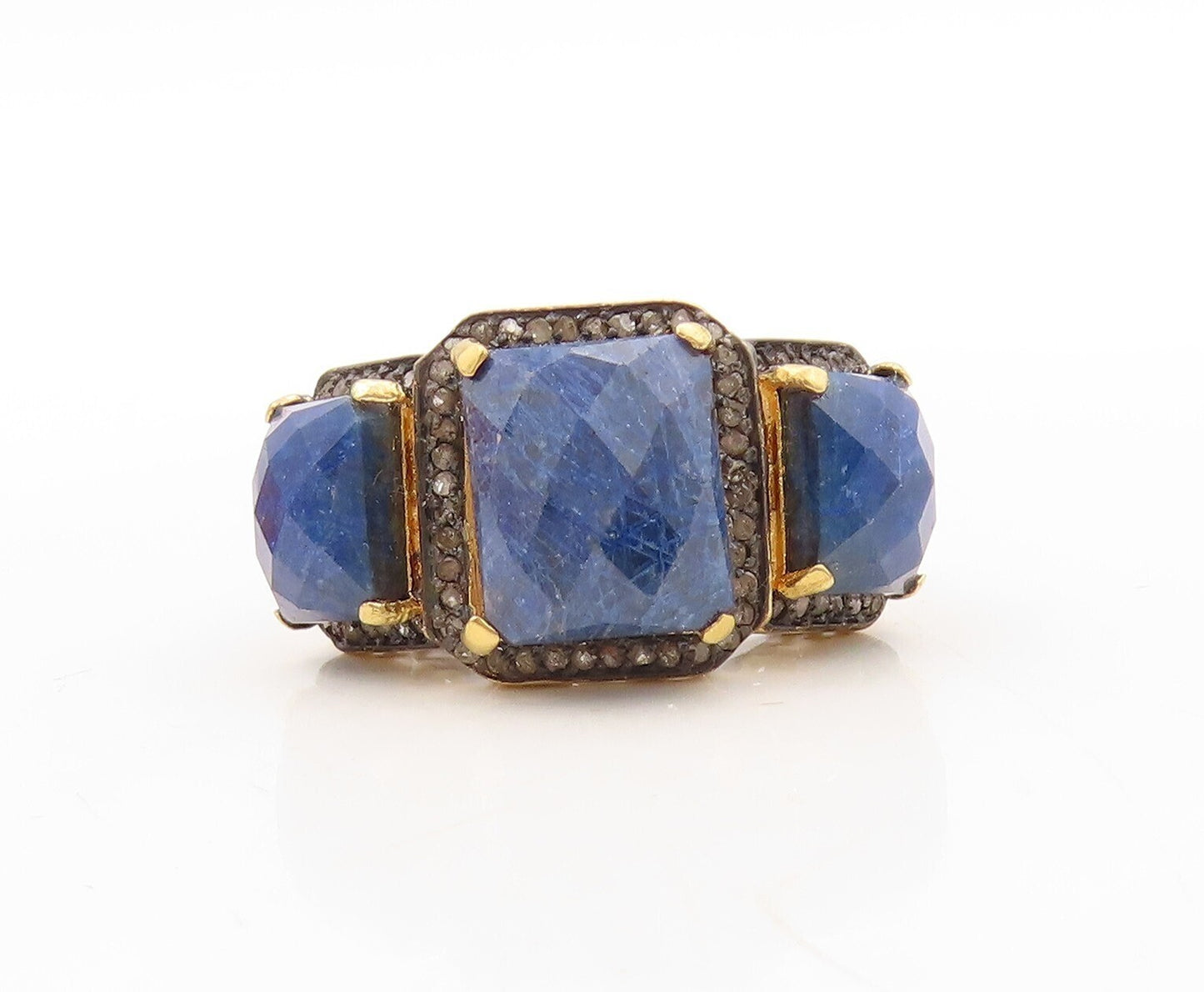 925 Sterling Silver Vintage Ring Diamonds & Blue Gemstones Inlay  Sz 8  RG31070