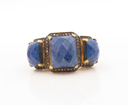 925 Sterling Silver Vintage Ring Diamonds & Blue Gemstones Inlay  Sz 8  RG31070