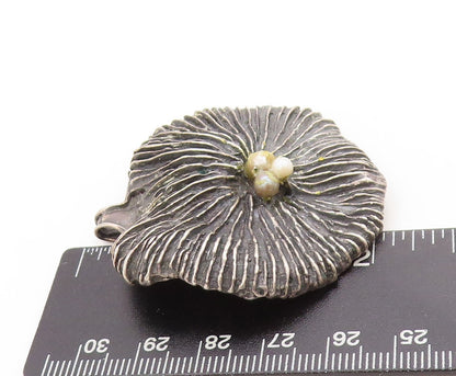 925 Sterling Silver Vintage Brooch ISRAEL Pearl Dark Tone Ribbed Leaf  BP11860
