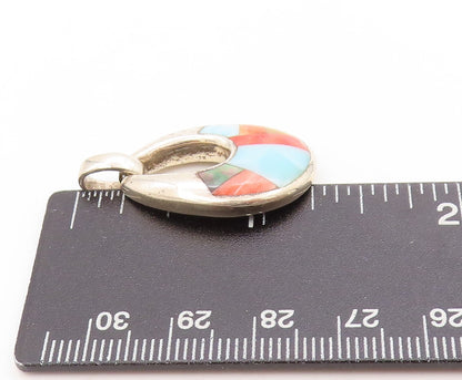 925 Sterling Silver Vintage Pendant Multi Gemstone Inlay Teardrop Charm  PT25147