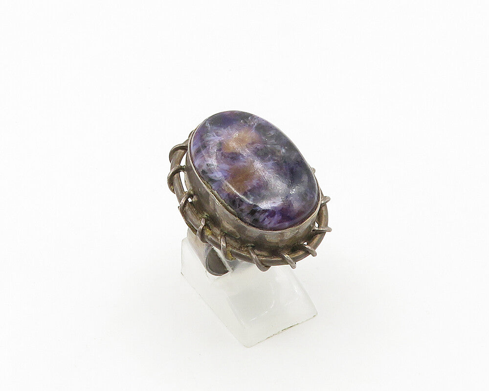 925 Sterling Silver  Vintage Charoite Stitched Cocktail Ring Sz 7  RG18708
