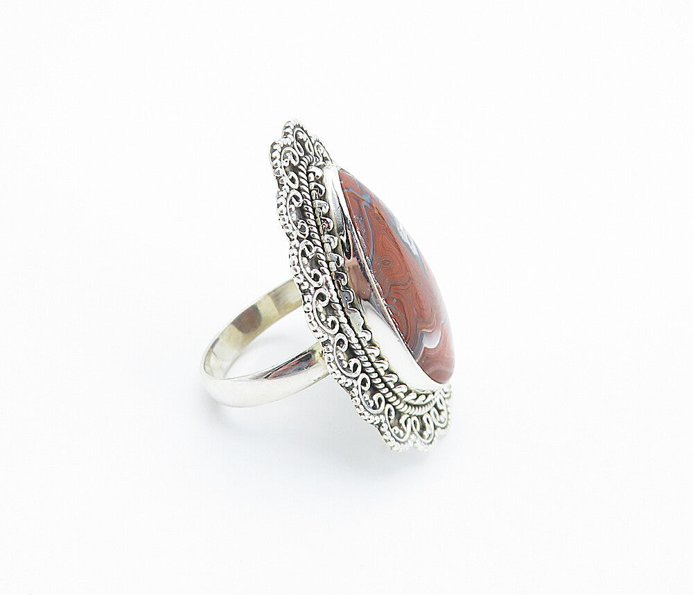 925 Sterling Silver  Vintage Agate Swirl Border Cocktail Ring Sz 10  RG8102