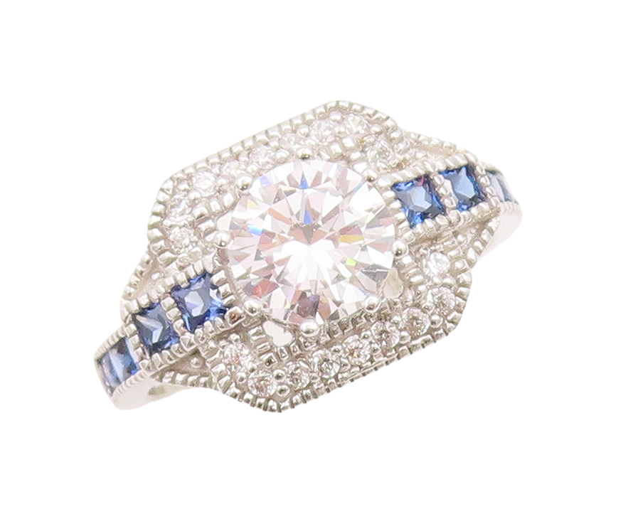 925 Sterling Silver Vintage Ring Round & Square Cut 2 Tone Sapphire Sz 7 RG29219