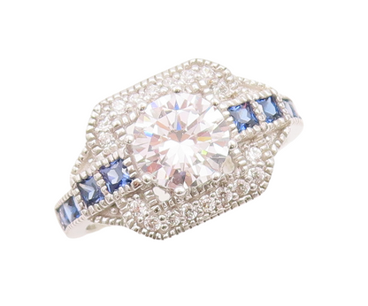 925 Sterling Silver Vintage Ring Round & Square Cut 2 Tone Sapphire Sz 7 RG29219